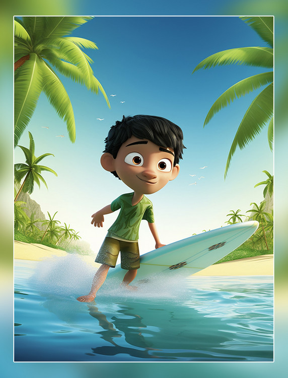 蓝天海滩椰子树C4D3D海报阳光明媚的夏天男孩冲浪海水