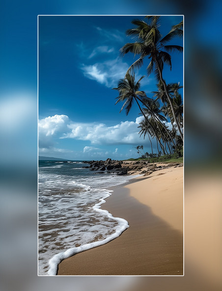 风景摄影图椰树蓝天白云海边夏天沙滩海浪摄影图超级清晰