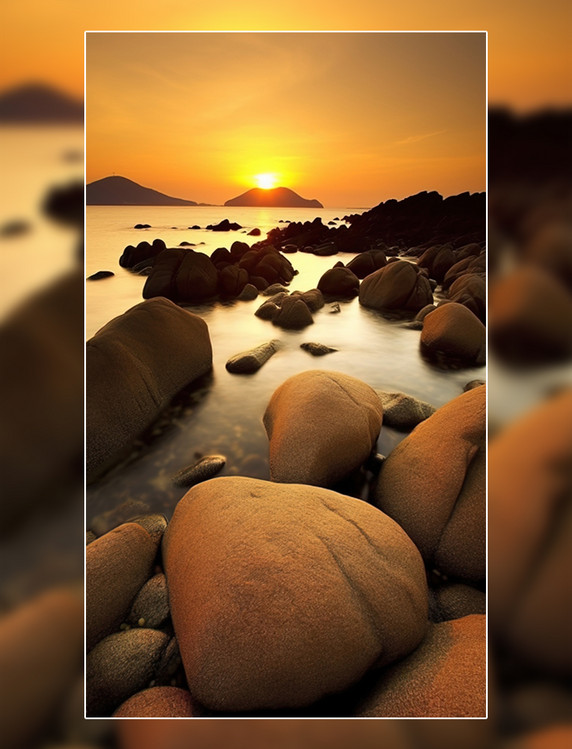 夕阳落日海水岩石 