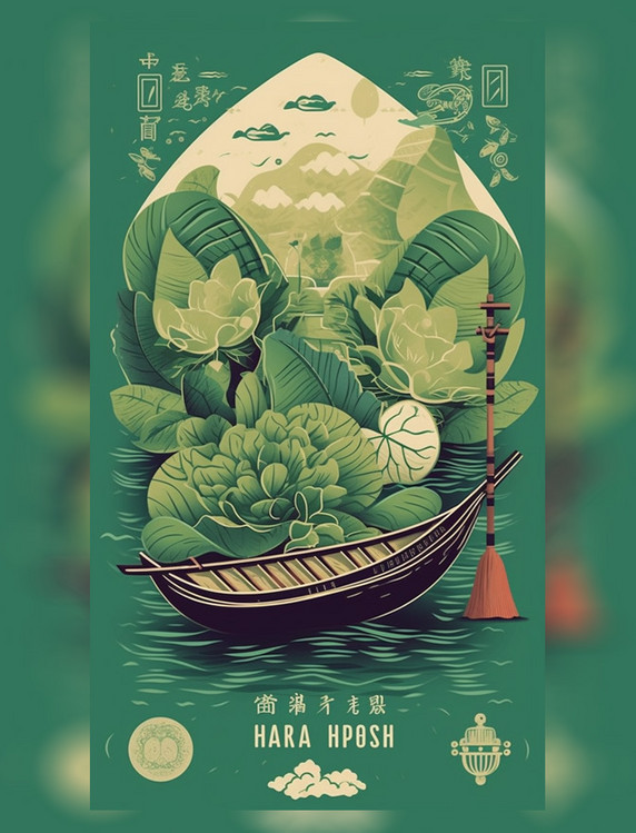 端午节龙舟排版图绿色背景粽子