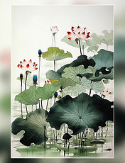池塘里的荷花和树叶充满了中国水墨的风格传统水墨风格插画