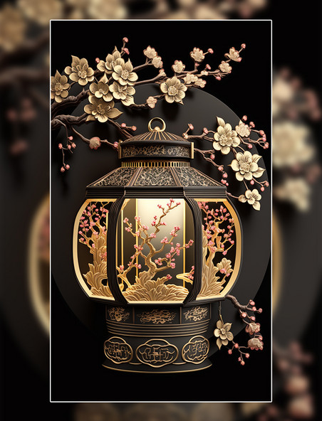 中式装饰古典灯笼花枝金色元素立体剪纸
