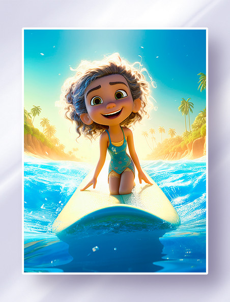 半跪在冲浪板上的小女孩学习冲浪夏日阳光明媚的海边