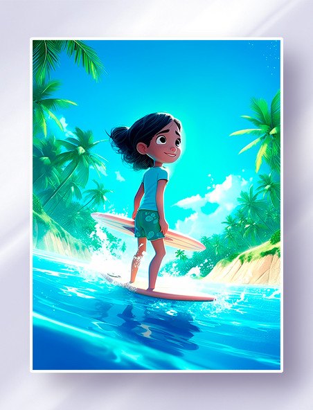 碧蓝的海面上小女孩在冲浪夏季阳光沙滩