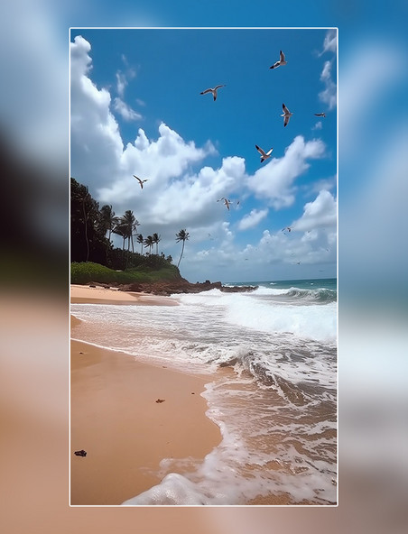海鸥椰树蓝天白云海边夏天沙滩海浪摄影图超级清晰风景摄影图