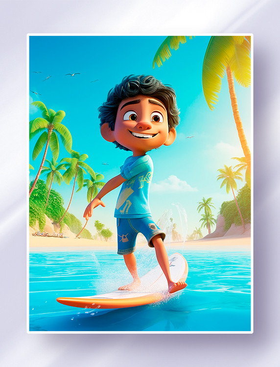 阳光下在冲浪的快乐男孩碧蓝的海水沙滩椰子树