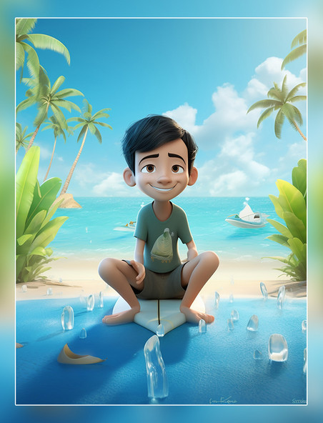蓝天3D海报阳光明媚的夏天男孩冲浪海水海滩椰子树C4D