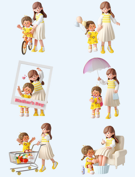 3D立体妈妈和女儿母亲节温馨场景C4D套图