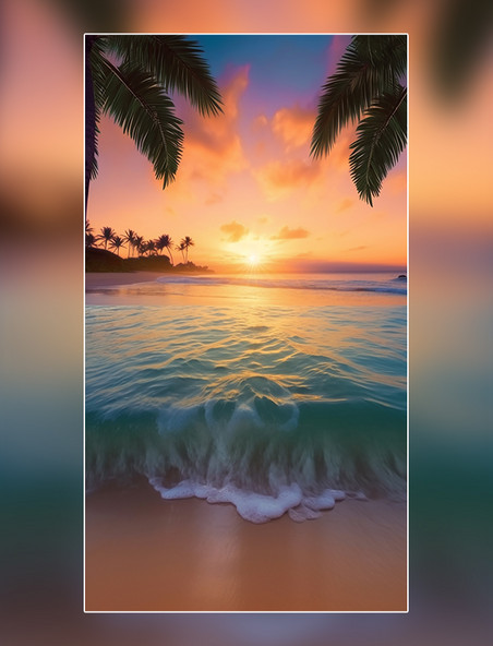 椰树夏天沙滩黄昏海边海浪摄影图超级清晰风景摄影图