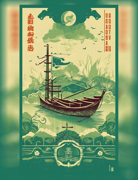 端午节龙舟排版图绿色背景船