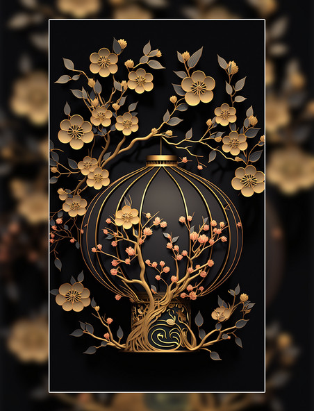 中国风中式装饰古典花枝灯笼金色元素立体剪纸