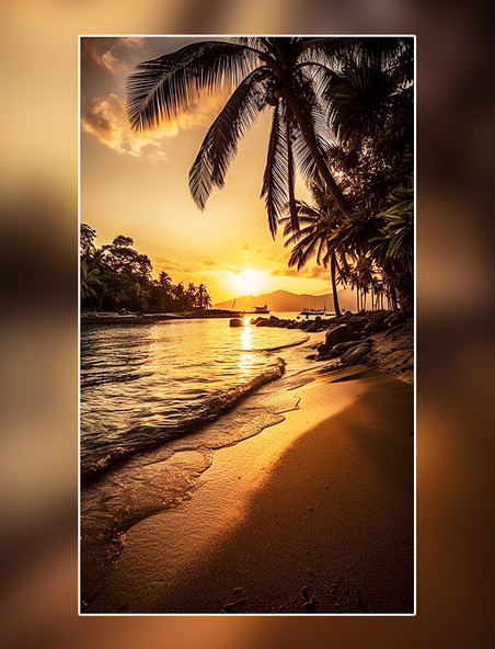 晚上夕阳海边沙滩椰子树夏日场景摄影