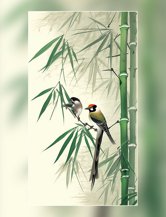 国风插画竹子和鸟中国水墨画传统绘画风格中国风中国水墨风格