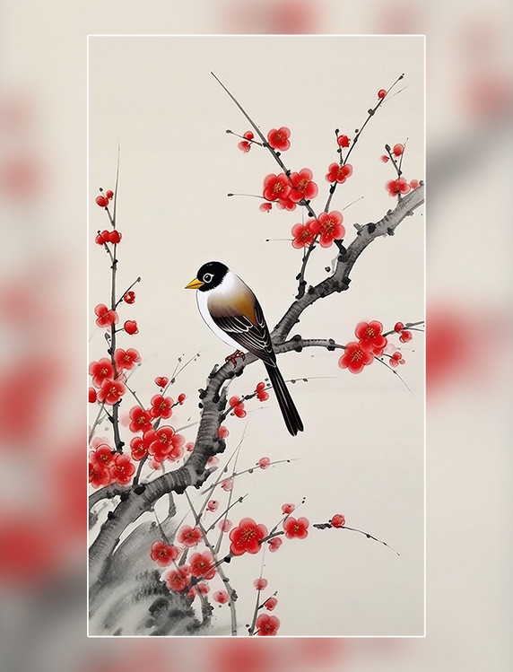 国风插画梅花鸟中国风中国水墨画传统绘画风格中国水墨风格超细节