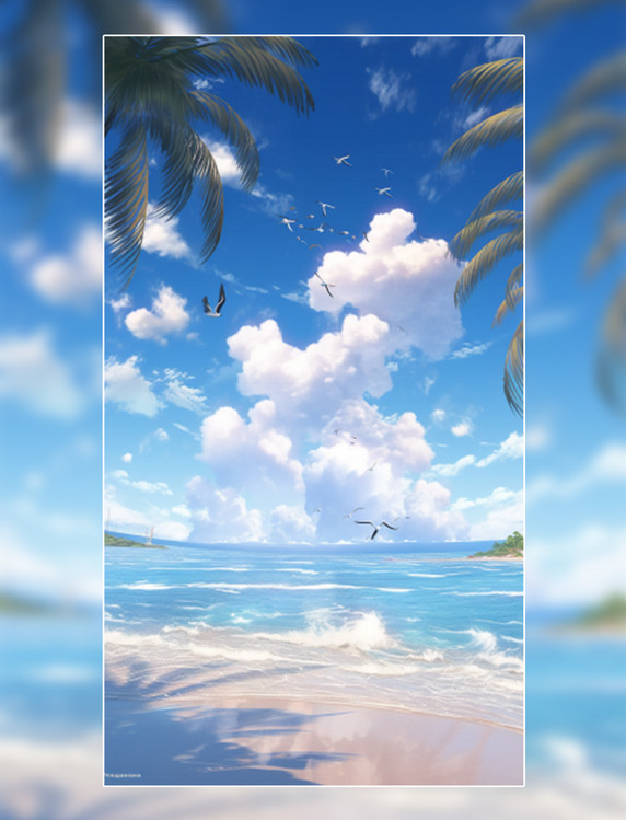 夏天海边海浪蓝天白云背景 