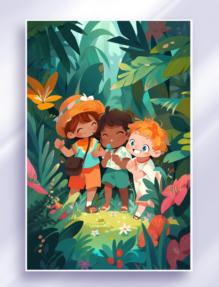 卡通可爱人物小孩丛林探险冒险插画