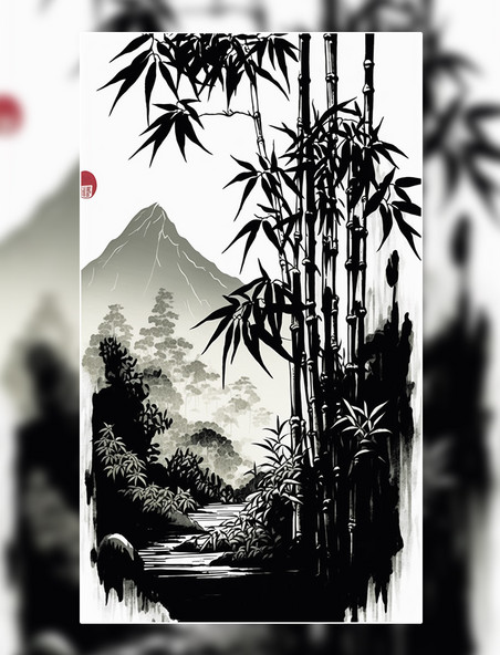中式国风山水竹子插画