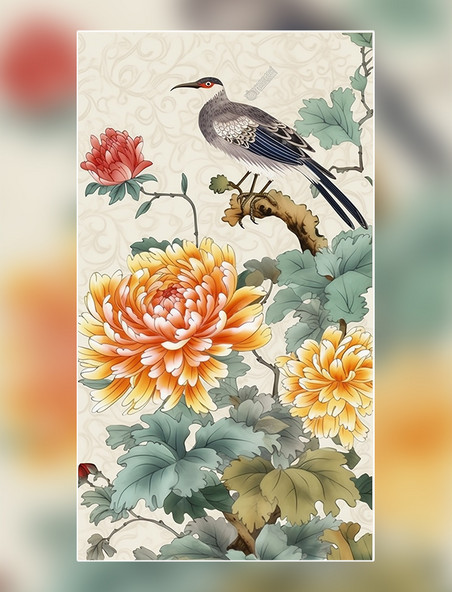 国风中国水墨画传统绘画风格插画菊花和鸟中国风中国水墨风格超细节