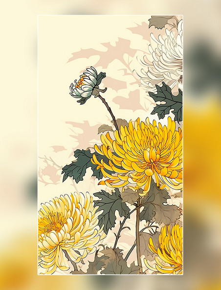 一簇黄色菊花国风插画中国水墨画传统绘画风格中国风中国水墨风格超细节