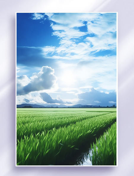 夏天白云一片茂盛生长的稻田插画