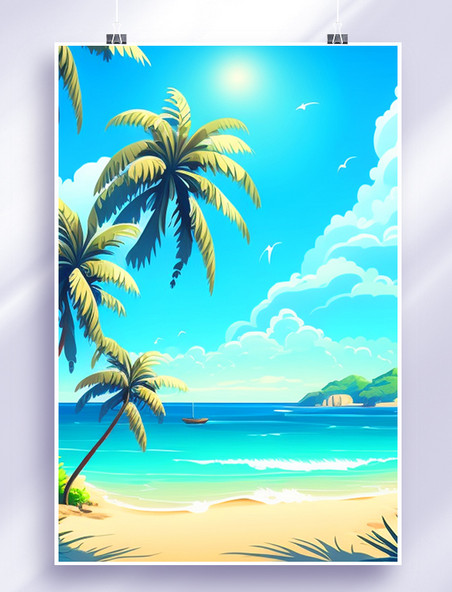 AI绘图夏日度假海滨椰树风情
