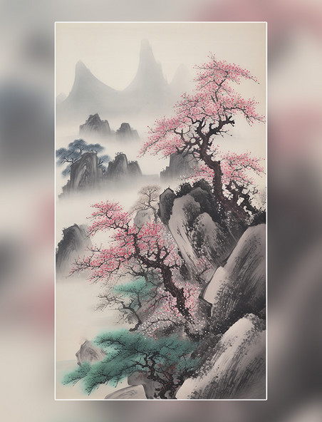 梅花中国水墨画传统绘画风格国风插画中国水墨风格超细节