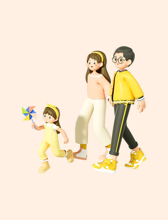 春天3D立体一家人旅游出行踏青C4D