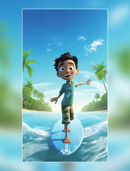水上项目蓝天冲浪3D海报阳光明媚的夏天男孩冲浪海水海滩椰子树C4D