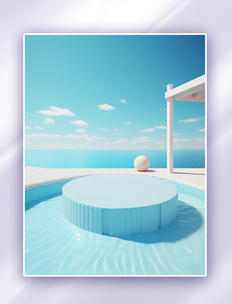 蓝色上新夏日泳池3D电商展台AI绘画