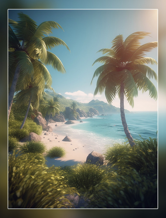 海滩背景3D效果超级细节椰树贝壳海星大海和船干净明亮的背景
