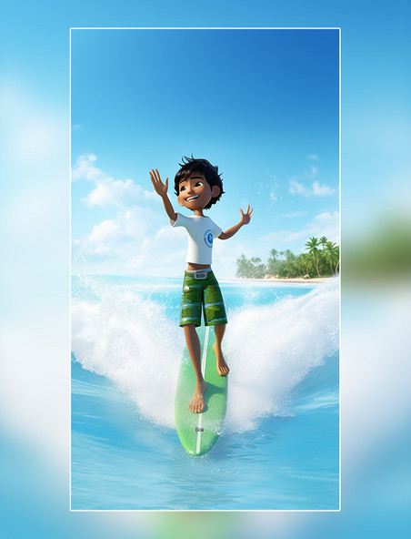 水上项目冲浪3D海报阳光明媚的夏天男孩冲浪海水蓝天海滩椰子树C4D
