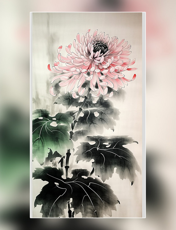 中国水墨风格超细节菊花中国水墨画传统绘画风格国风插画