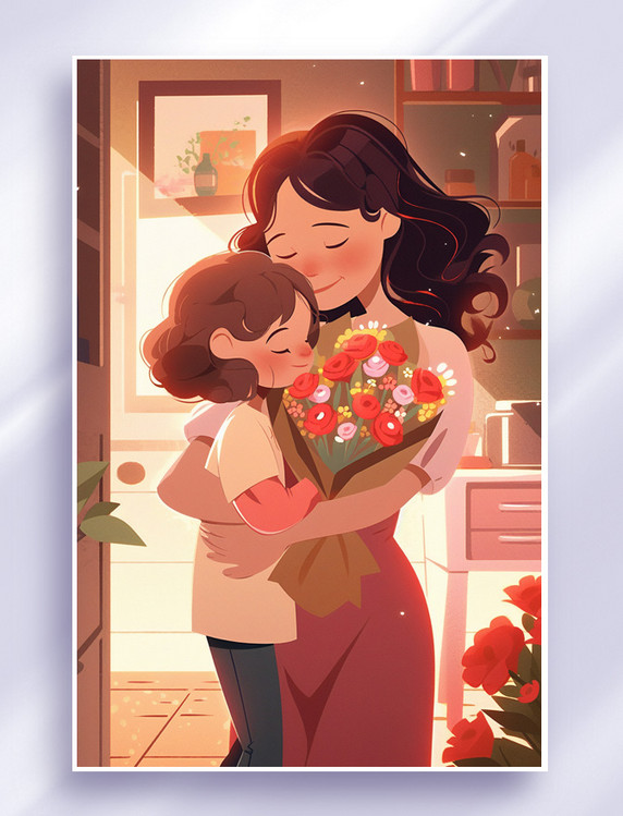 母亲节插画海报风格人物母亲母子拥抱扁平
