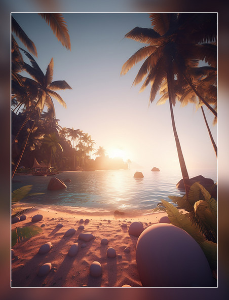 超级细节海滩背景椰树贝壳海星大海和船干净明亮的背景3D效果