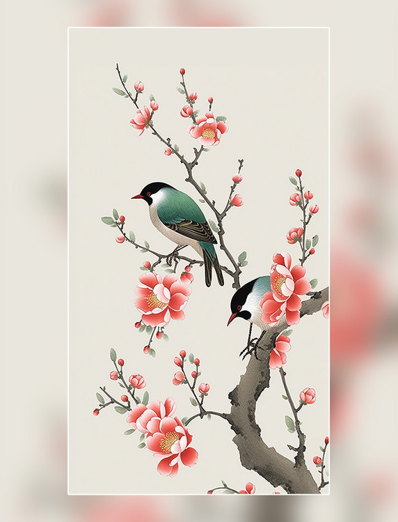 中国水墨画传统绘画风格国风插画梅花鸟中国风中国水墨风格超细节