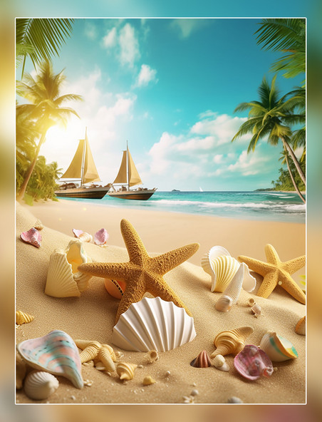 海滩背景椰树贝壳海星大海和船干净明亮的背景3D效果超级细节