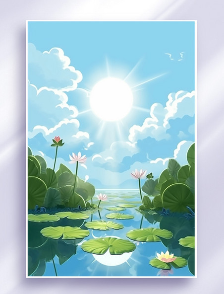 夏天阳光的池塘荷花荷叶插画
