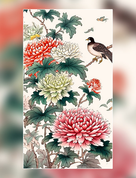 国风插画菊花和鸟中国水墨画传统绘画风格
