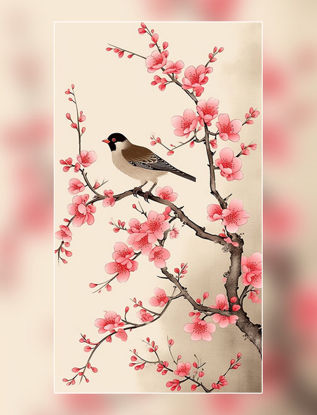 中国水墨风格超细节梅花鸟中国风中国水墨画国风插画传统绘画风格