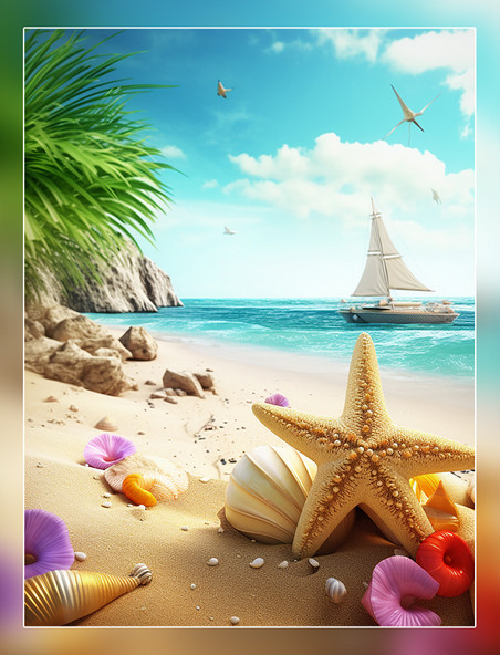 3D效果海滩背景椰树贝壳海星大海和船干净明亮的背景超级细节