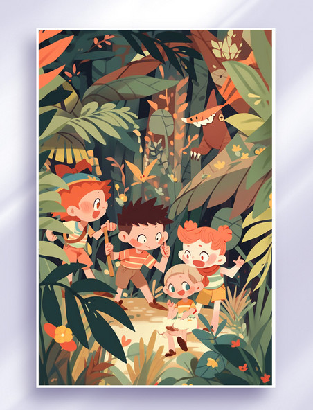 孩子们开心的在丛林探险卡通可爱插画