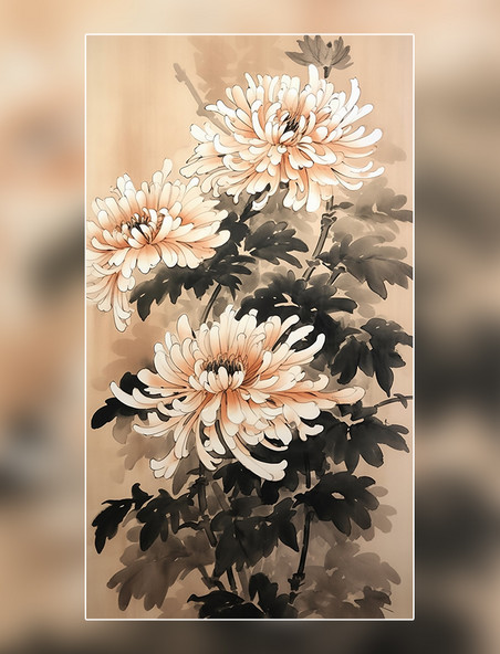国风插画花朵菊花中国水墨画传统绘画风格中国水墨风格超细节