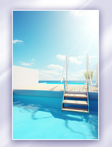 夏天夏季蓝色泳池水池展台数字插画