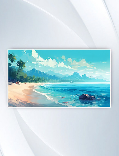 蓝色大海海浪沙滩背景风景插画沙滩旅游度假
