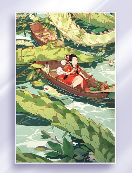 女孩在湖上竹林中划船场景插画