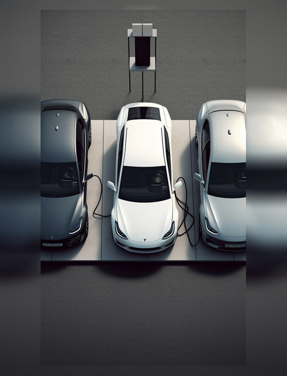 俯视图新能源汽车在充电桩充电