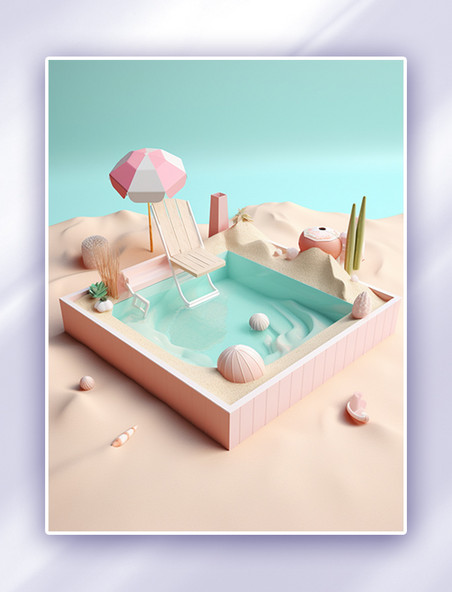 夏季促销夏日泳池3D电商展台数字插画