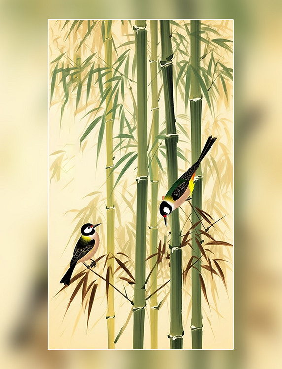 竹子和鸟中国水墨画传统绘画风格国风插画中国风中国水墨风格超细节
