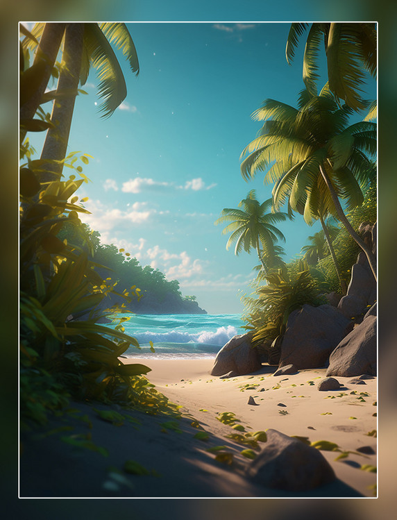3D效果超级细节海滩背景椰树贝壳海星大海和船干净明亮的背景