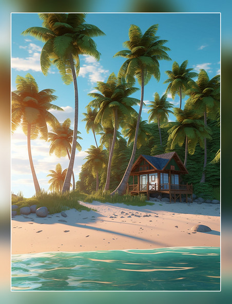 海滩背景干净明亮的背景椰树贝壳海星大海和船3D效果超级细节